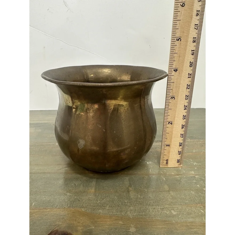 Vintage Small Solid Brass Ribbed Planter Flowerpot Home Garden Decor 4